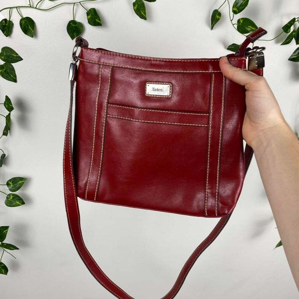 Liz & Co. Burgundy y2k preppy twee faux leather crossbody bag with white stitchi